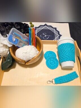 Handmade Crocheted Aqua Blue Drink Wrap, Keychain, Car Coasters